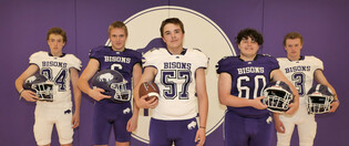 L–R: Brody Mullins, Slade Unger, Draeton Branconnier, Ethan Bodnar and Zach Sliger suit up during Iron Ridge Secondary Campus’ spring football camp as the Bison prepare for their inaugural season this fall.