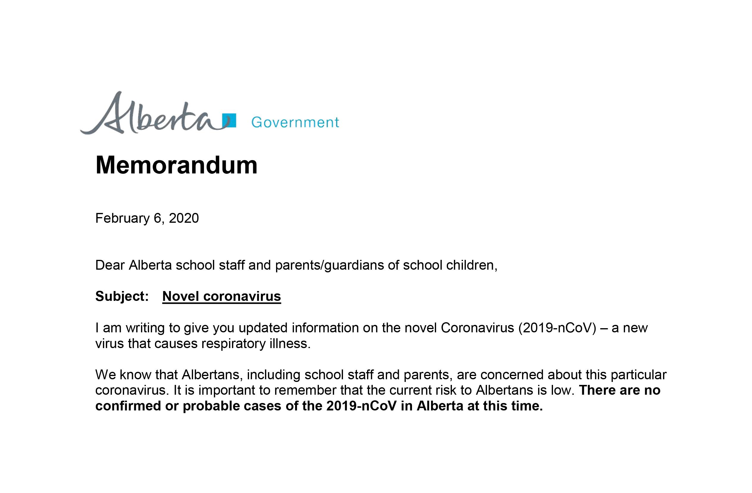 Alberta Health Memorandum Novel Coronavirus Wolf Creek Public Schools